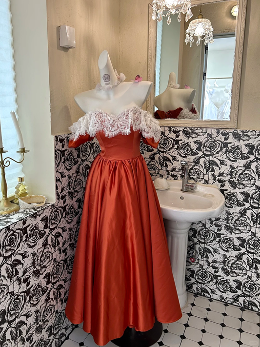 Orange Lace Neckline Off-the-Shoulder Waist-Cinched Full Flared Vintage Romantic Dress, Wedding Gown gh7581
