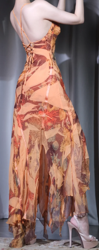 ✨Girlhomeshops-Orange Floral Print Spaghetti Strap Mermaid Prom Dress Backless Ruffled Chiffon Evening Gown gh9955