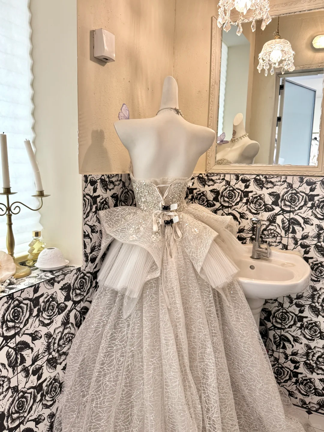 Ivory Strapless Beaded Waist-Cinched Vintage Luxury Full Flared Long Romantic Dress, Wedding Gown gh7710