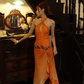 Orange Halter Cutout Sequin Prom Dress Color Gem Waist High Slit Tulle Train Evening Gown gh9860