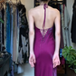 Plum Purple Halter U-Neck Long Formal Gown High Slit Satin Mermaid Evening Dress gh9666