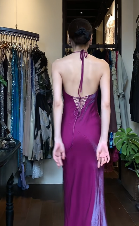 Plum Purple Halter U-Neck Long Formal Gown High Slit Satin Mermaid Evening Dress gh9666