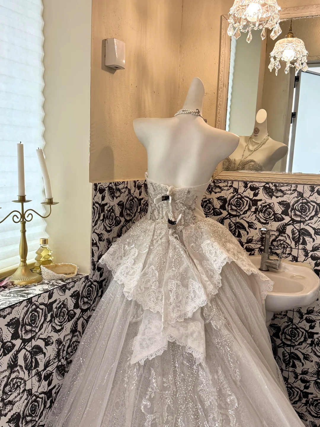 Ivory Strapless Waist-Cinched Beaded Full Flared Long Vintage Romantic Dress, Wedding Gown gh7583