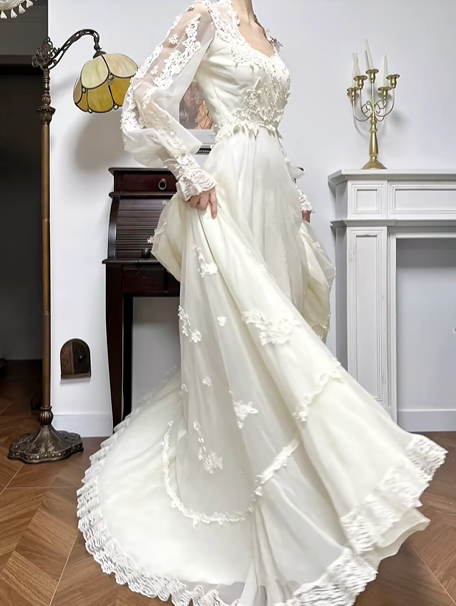 Ivory Vintage Lace Stand Collar Lantern Sleeve Tiered Lace‑Trim Long Train Tulle Wedding Dress gh8765