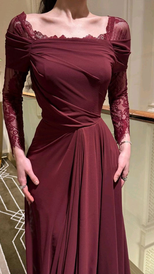 girlhomeshops - Robe de bal rouge en satin et dentelle à manches longues gh6253