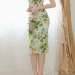 Women Midi Bodycon Cocktail Dress Spaghetti Straps Straight Neck Green Watercolor Floral Print Ruched Formal Gown gh9576