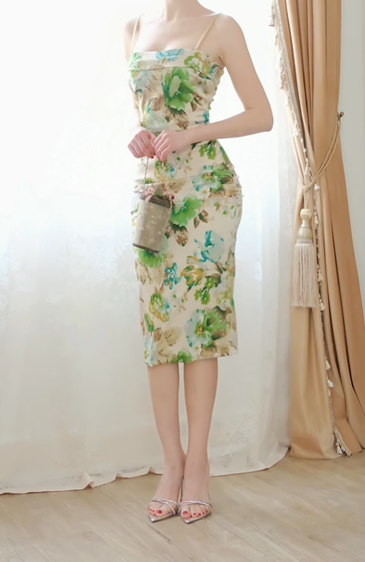Women Midi Bodycon Cocktail Dress Spaghetti Straps Straight Neck Green Watercolor Floral Print Ruched Formal Gown gh9576