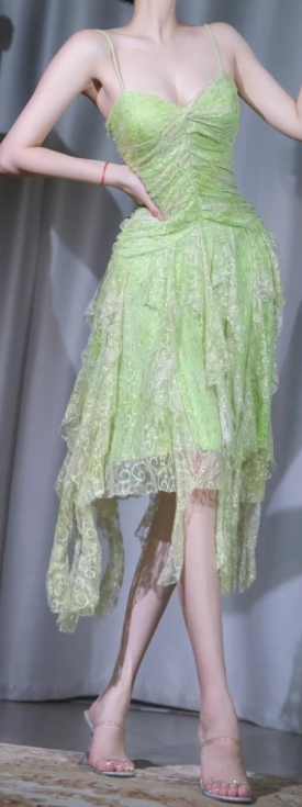 ✨Girlhomeshops-Spaghetti Strap Light Green Irregular Ruffle Lace Short Prom Dress gh10000