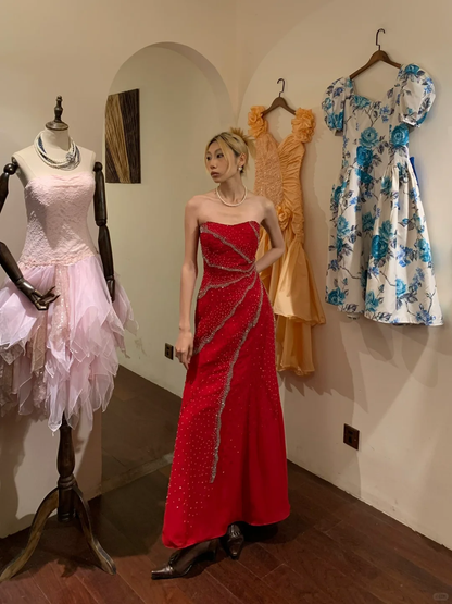 Red Sparkly Rhinestone Long Evening Gown Strapless Mermaid Hand Beaded Prom Dress gh9872