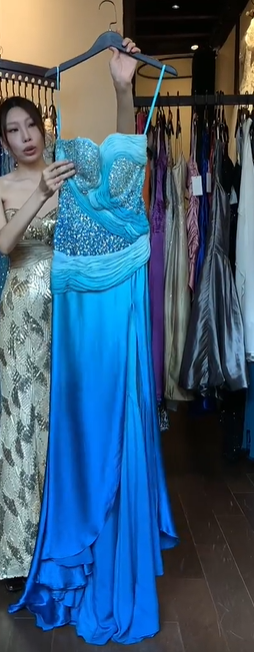 Strapless Blue Chiffon Prom Dress with Hand Beaded Rhinestone Ruched Bodice High Slit Tiered Ruffle gh9771