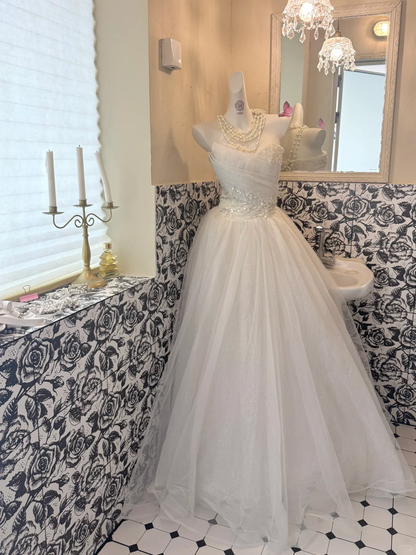 White Strapless Waist-Cinched Voluminous Princess Skirt Long Romantic Dress, Wedding Gown gh7657