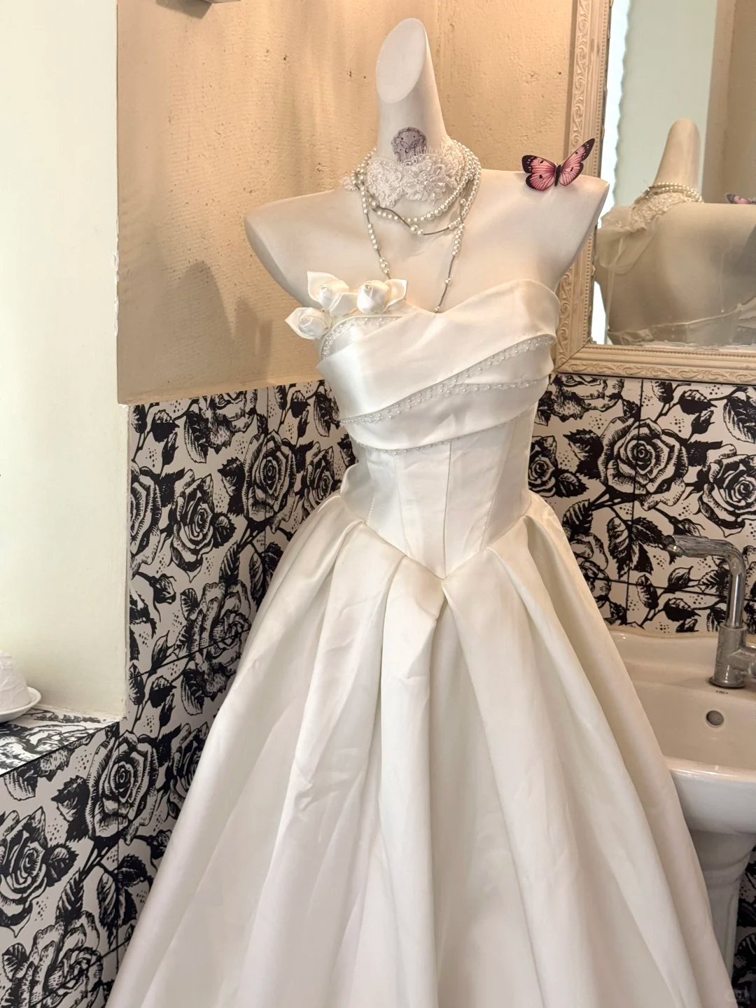 White Satin Strapless Waist-Cinched Full A-line Long Romantic Dress, Wedding Gown gh7498