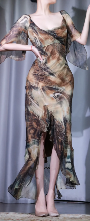 ✨Girlhomeshops-Vintage Flutter Sleeve Ink Print Beaded High Slit Midi Cocktail Dress gh10017