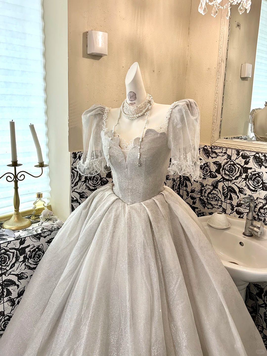 Light Grey Square Neck Voluminous Princess Skirt Long Romantic Dress, Wedding Gown gh7771
