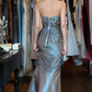 Dusty Blue Satin Strapless Tube Evening Gown Hand Beaded Rhinestone Mermaid Long Prom Dress gh9724