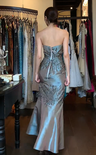 Dusty Blue Satin Strapless Tube Evening Gown Hand Beaded Rhinestone Mermaid Long Prom Dress gh9724