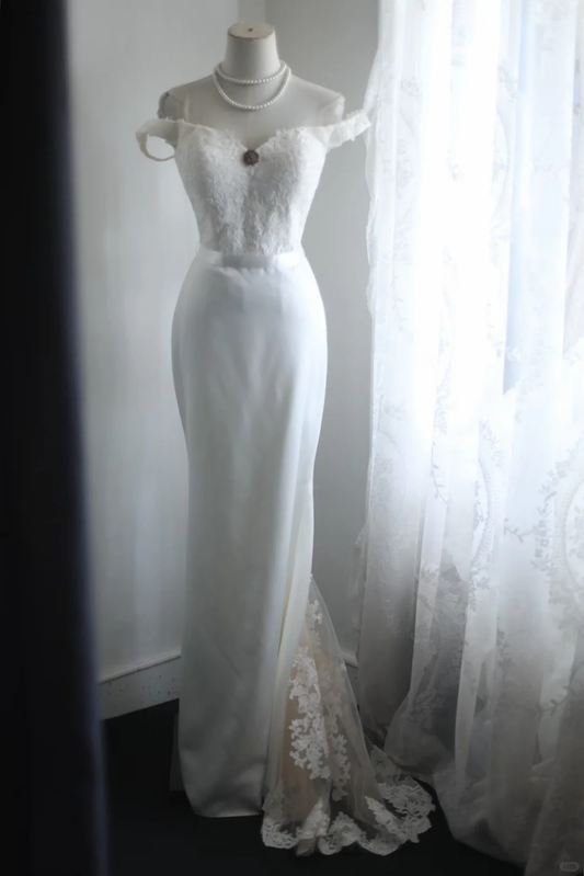 Off‑the‑Shoulder Mermaid Wedding Dress, Vintage Lace Bodice Detachable Ruffle Sleeves Satin Waistband Slit Lace Train Bridal Gown gh9108