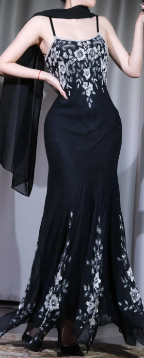 Spaghetti Strap Black Mermaid Evening Dress, Silver Flower Beaded Gown with Chiffon Shawl gh9903