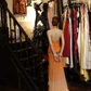 Orange Halter Cutout Sequin Prom Dress Color Gem Waist High Slit Tulle Train Evening Gown gh9860