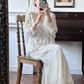 Off‑White Vintage Lace Two‑Piece Wedding Gown, V‑Neck Loose Long‑Sleeve Top, Tiered Scalloped Lace Mermaid Midi Skirt, Retro Straight‑Cut Bridal Prom Dress, Wedding Gown gh8797