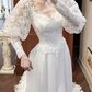 Ivory Vintage Lace A‑Line Wedding Prom Dress, Sweetheart V‑Neck, Lace Puff Long Sleeves, Full Lace Long Train gh8700