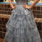 girlhomeshops-Grau/Blau Langes Prinzessinnen-Abschlussballkleid mit glitzernden Pailletten und langem Tüll gh5925