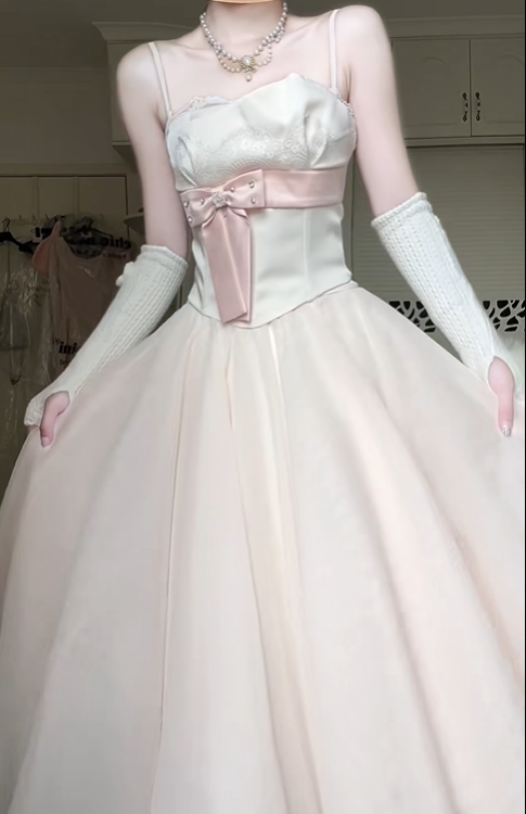 Pale Pink‑White Spaghetti Strap Midi Evening Gown, Lace Bodice Pink Satin Bow Tulle A‑Line Formal Prom Dress gh9049
