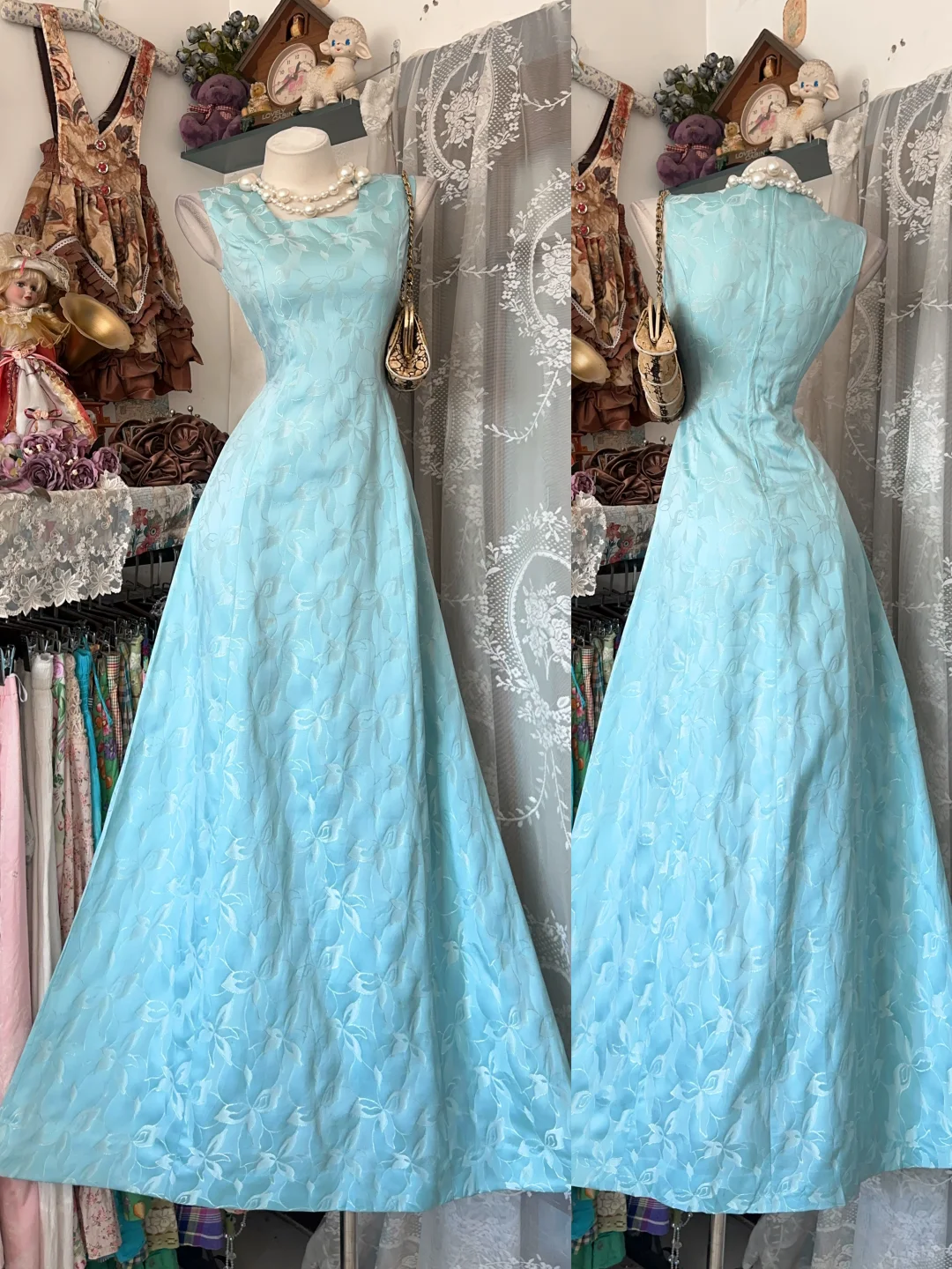 ✨Girlhomeshops-Light Blue Jacquard Vintage A-Line Long Gown Square Neck gh10133