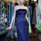 Dark Purple Strapless Long Formal Gown Feather Trim Jacquard A-Line Evening Dress gh9652