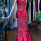 Red Satin Mermaid Evening Gown Wide Straps Heart Beaded Sheer Mesh Prom Dress gh9633