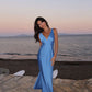 Blaues schlichtes, elegantes, langes Ballkleid aus Satin mit V-Ausschnitt gh3165
