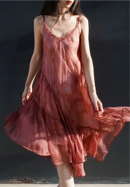 Dusty‑Rose Tie‑Dye Slip Midi Gown, V‑Neck Thin Spaghetti Straps, Flowy Chiffon Fabric, Asymmetrical Diagonal‑Cut Ruffle Skirt, Uneven Hanky Hem, Draped Crinkle Texture, Bohemian Vacation Photoshoot Evening Dress gh8859