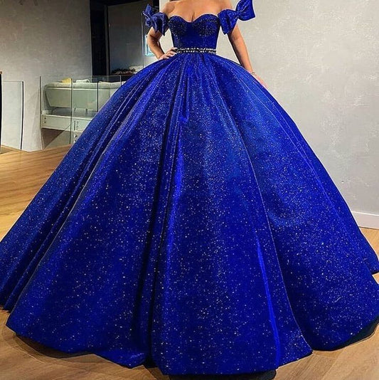 Robe de soirée longue à épaules dénudées et paillettes brillantes bleues gh3090