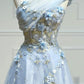 Blue lace applique elegant fantasy long prom dress a line evening gown gh2308