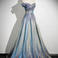 Blaues, modisches, elegantes, schulterfreies A-Linien-Abendkleid aus Satin mit bodenlangem, langem Ballkleid und Abendkleid mit Farbverlauf, Abschlusskleid gh3438