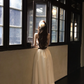 White Strapless Lace Long Evening Dress with Black Bow gh9413
