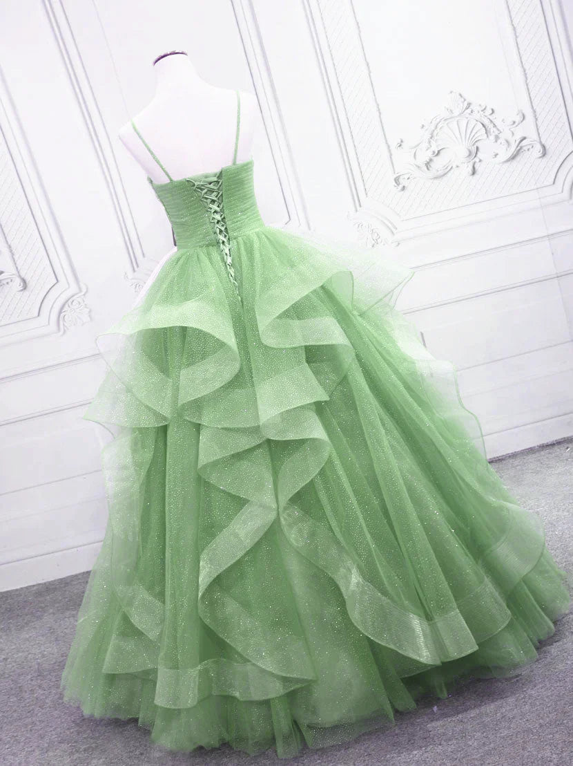 Green/blue long shiny elegant spaghetti straps long ruffled organza ball gown evening dress quinceanera dress gh903