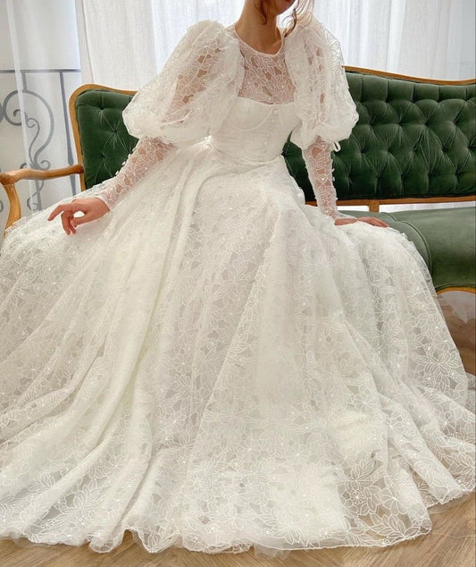 girlhomeshops - Robe de mariée blanche en dentelle à manches longues gh6222