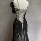 Square Neck Black Silver Mermaid Prom Dress Spaghetti Straps Rhinestone Beaded 3D Floral Formal Gown with Train gh9545