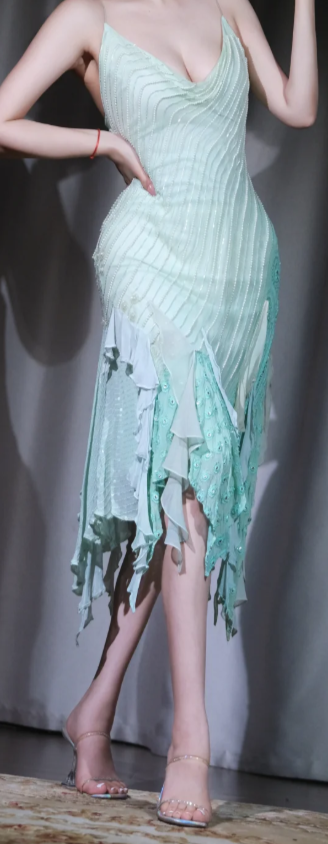 ✨Girlhomeshops-Mint Green Ombre Beaded Midi Evening Dress Spaghetti Strap V Neck Irregular Ruffle Party Gown gh10052