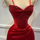 Rot wunderschöne exquisite mode glänzende spaghetti-trägern schlitz meerjungfrau schlanke lange satin ballkleid abendkleid partykleid gh3230
