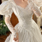 Off‑White Long Puff Sleeve Lace Fitted Waist Figure‑Flattering Full Flared Skirt Long Vintage Prom Gown, Wedding Dress gh8603