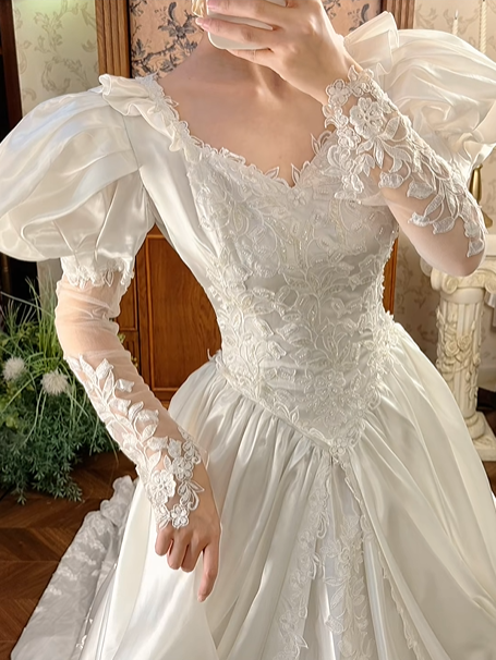 Off‑White Long Puff Sleeve Lace Fitted Waist Figure‑Flattering Full Flared Skirt Long Vintage Prom Gown, Wedding Dress gh8603