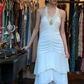 Halter V Neck White Evening Gown Beaded Rhinestone Tiered Ruffle Asymmetric Long Prom Dress gh9696