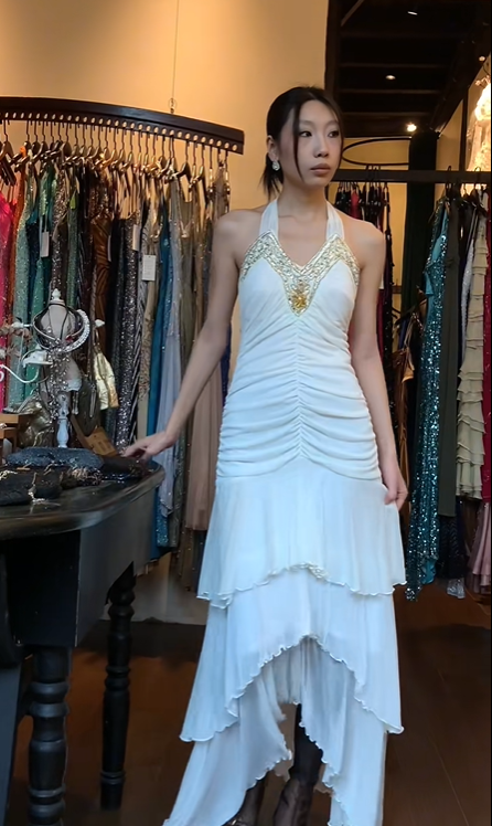 Halter V Neck White Evening Gown Beaded Rhinestone Tiered Ruffle Asymmetric Long Prom Dress gh9696