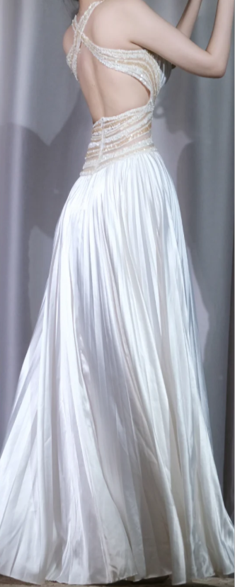 ✨Girlhomeshops-Halter Deep V Satin Prom Dress, White Pleated A-Line Beaded Evening Gown gh9947