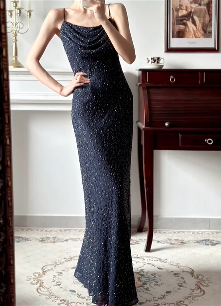 Navy Blue Vintage Spaghetti‑Strap Cowl Neck Prom Gown, All‑Over Hand‑Beaded Sequins, Fitted Waist Bodycon Mermaid Long Dress, Evening Prom Dress gh8807