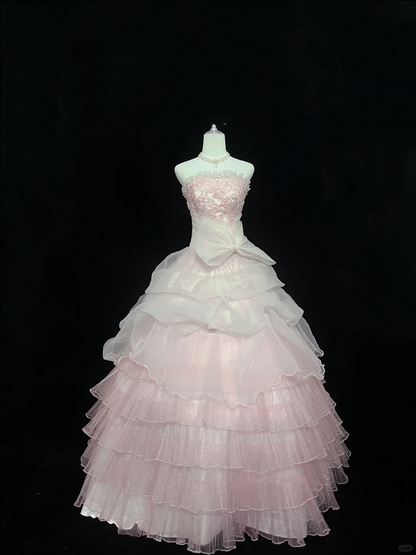 Blush Pink Gradient Strapless Cinched Waist Voluminous Tiered Skirt Romantic Dress, Wedding Gown gh8057
