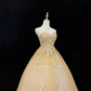Golden Strapless Embroidered Cinched Waist Full Flared Skirt Long Luxury Romantic Dress, Wedding Gown gh8007