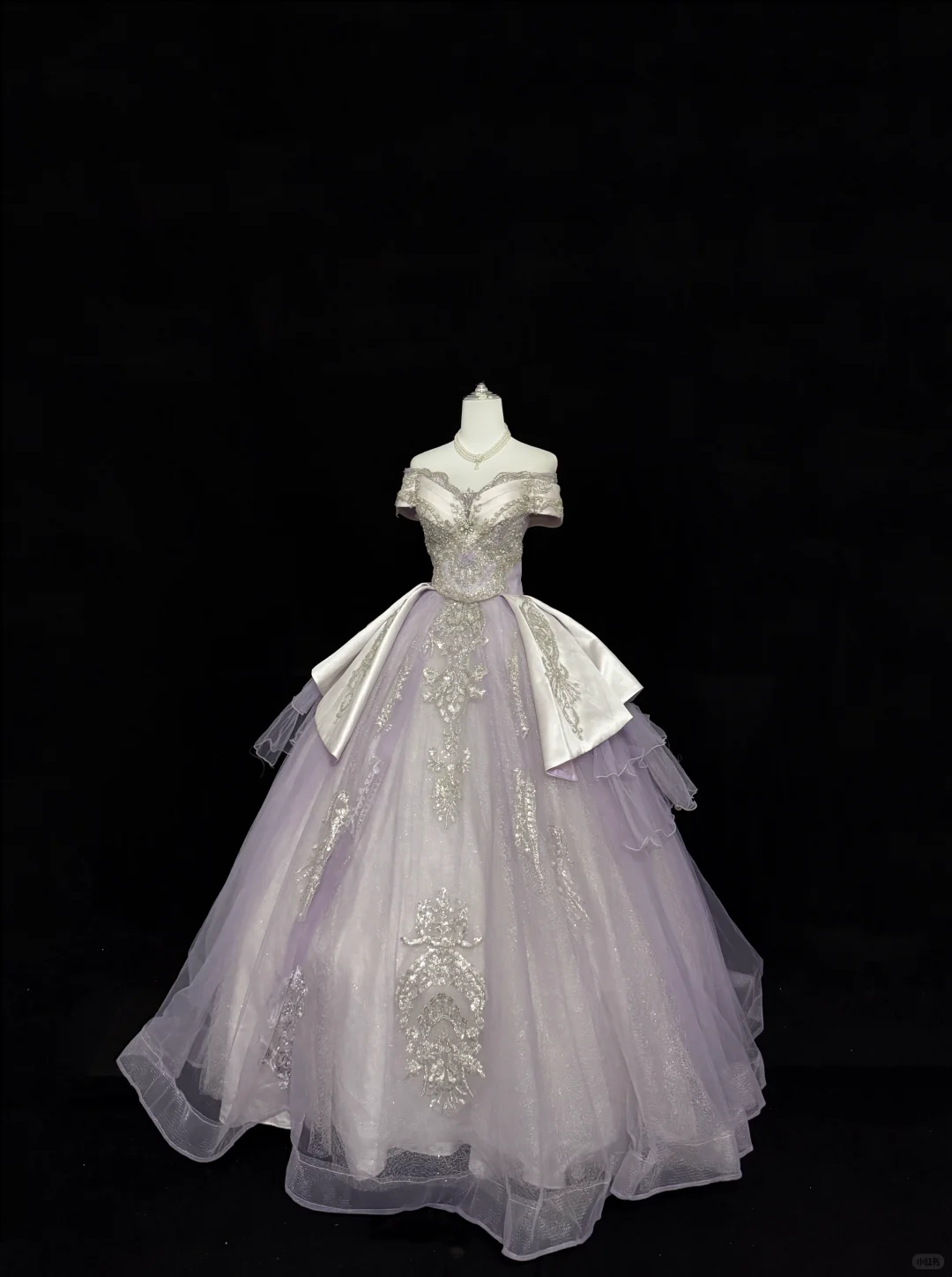 Lavender Off-the-Shoulder Cinched Waist Silver Decorations Voluminous Skirt Long Romantic Dress, Wedding Gown gh7838